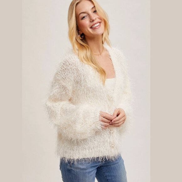 Bluivy Sweaters - BLUIVY - PEARL BUTTON DOWN FUZZY KNIT VANILLA CARDIGAN